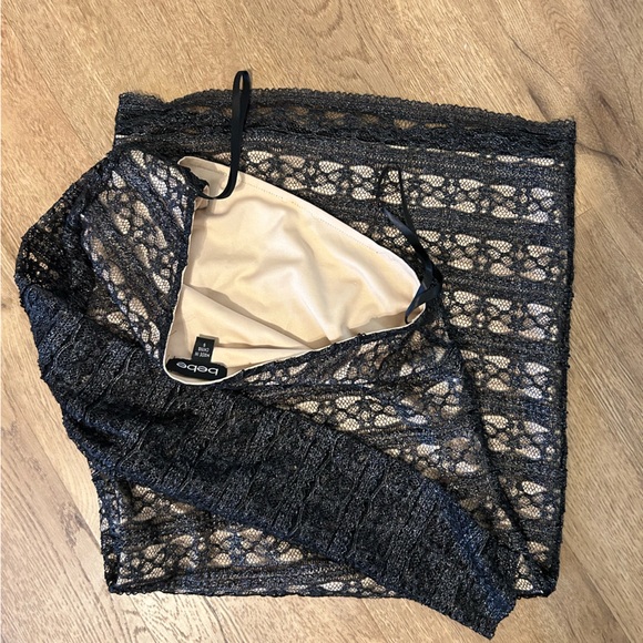 Bebe (Small) single sleeve dress.Sleeve see-through. black mesh w/tan lining. - Picture 2 of 9